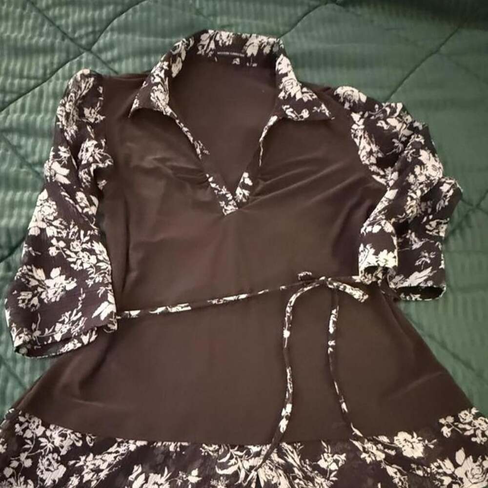 Western Connection Floral Blouse Brown White Tie Waist